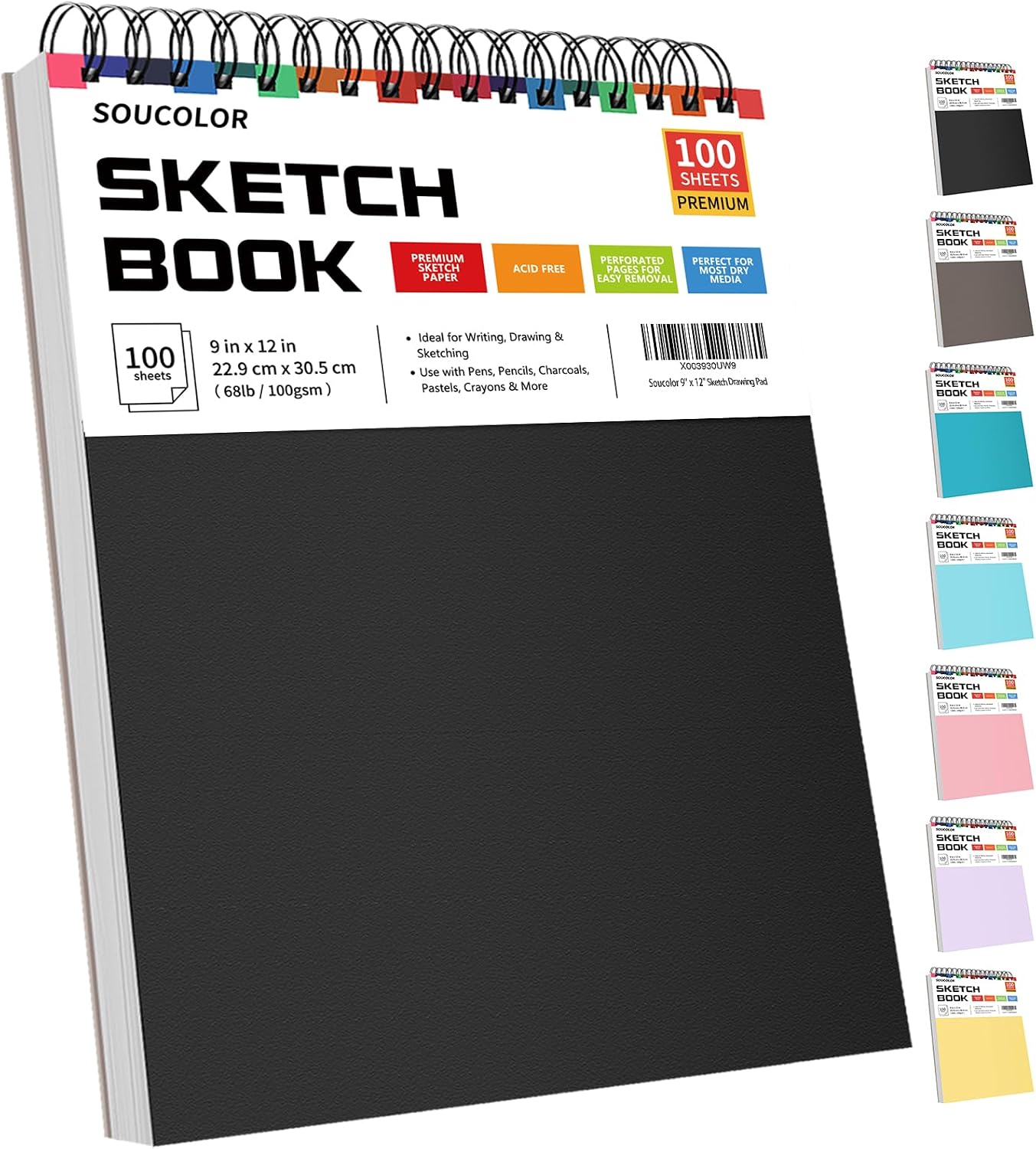 Soucolor Sketch Book 9x12.100 Sheets. Kids Art Sketchbook for Drawing Pad | 68lb Acid-Free.Fine-Texture Matte.No Bleed-Through.Top Spiral Lay-Flat. Micro-Perforated — Dry Media. Sketch Book for Adults