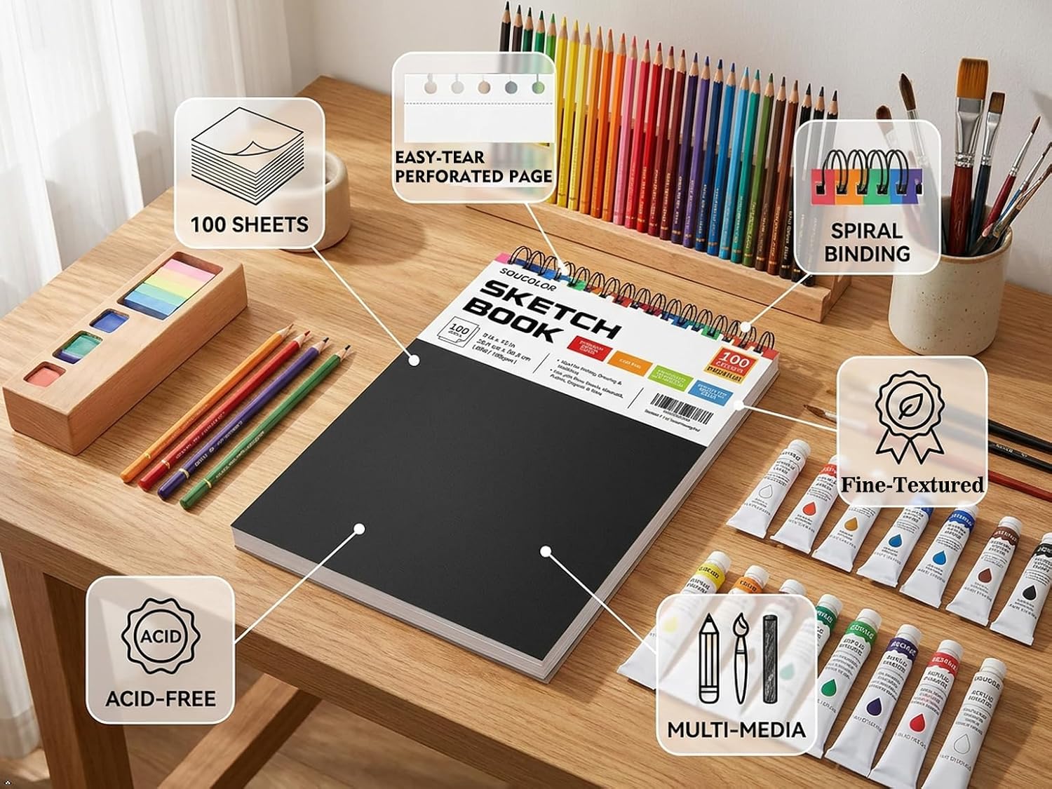 Soucolor Sketch Book 9x12.100 Sheets. Kids Art Sketchbook for Drawing Pad | 68lb Acid-Free.Fine-Texture Matte.No Bleed-Through.Top Spiral Lay-Flat. Micro-Perforated — Dry Media. Sketch Book for Adults - Image 2