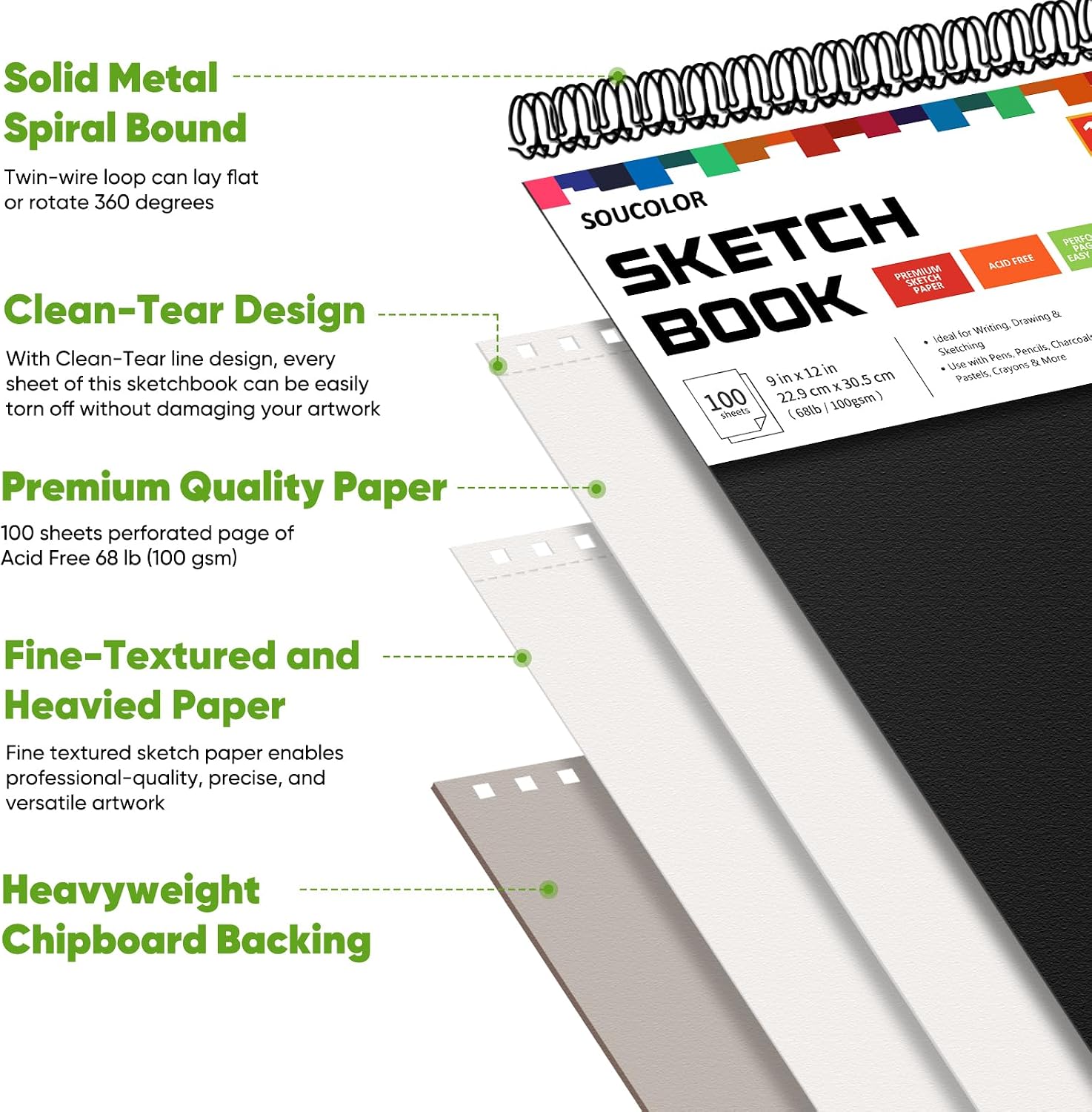 Soucolor Sketch Book 9x12.100 Sheets. Kids Art Sketchbook for Drawing Pad | 68lb Acid-Free.Fine-Texture Matte.No Bleed-Through.Top Spiral Lay-Flat. Micro-Perforated — Dry Media. Sketch Book for Adults - Image 6