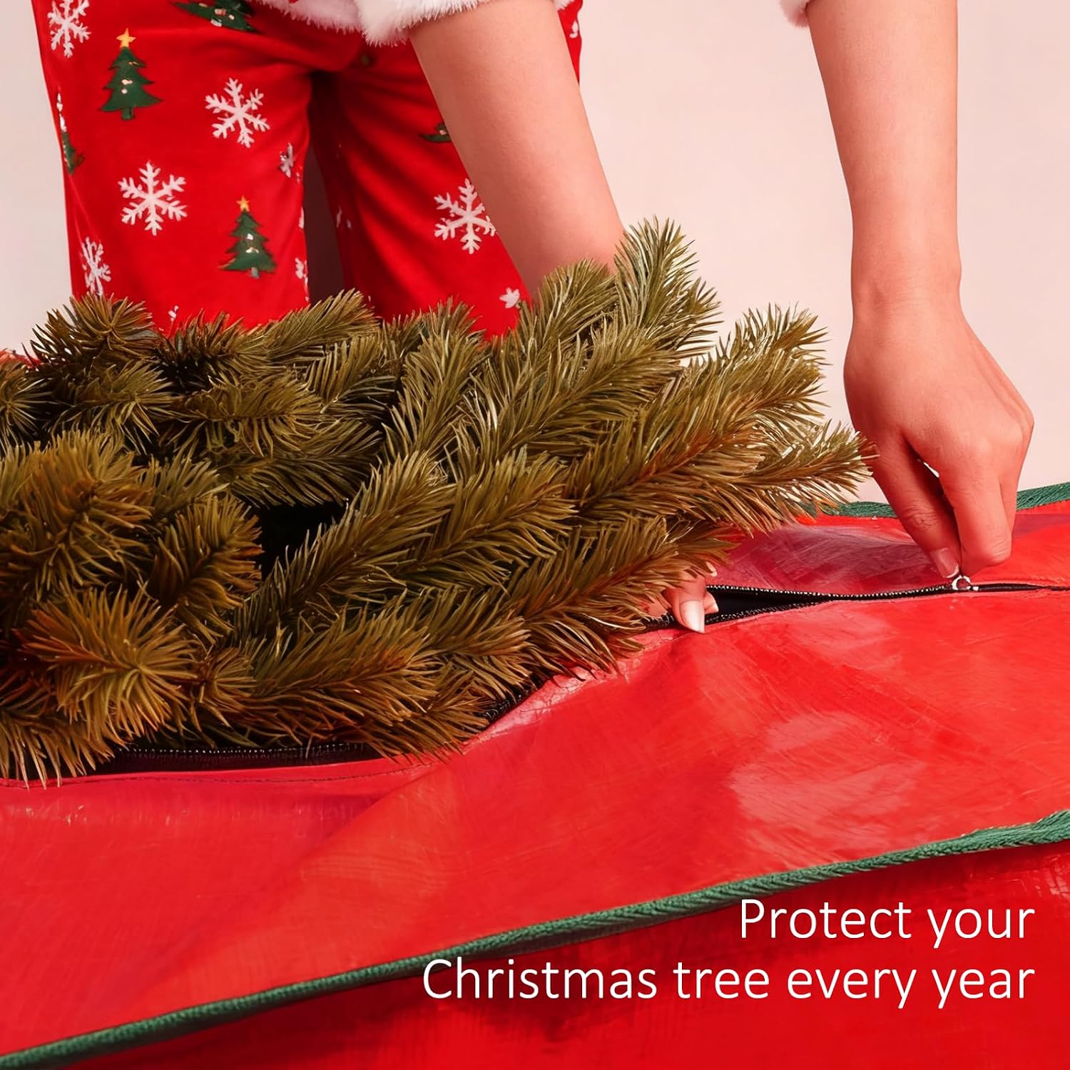 FUCDTEFC 7.5 Ft Christmas Tree Storage Bag. Large Heavy Duty Artificial Tree Bag with Reinforced Handles and Dual Zippers. Extra Large Waterproof Durable Storage Container for Xmas Trees (Red) - Image 4